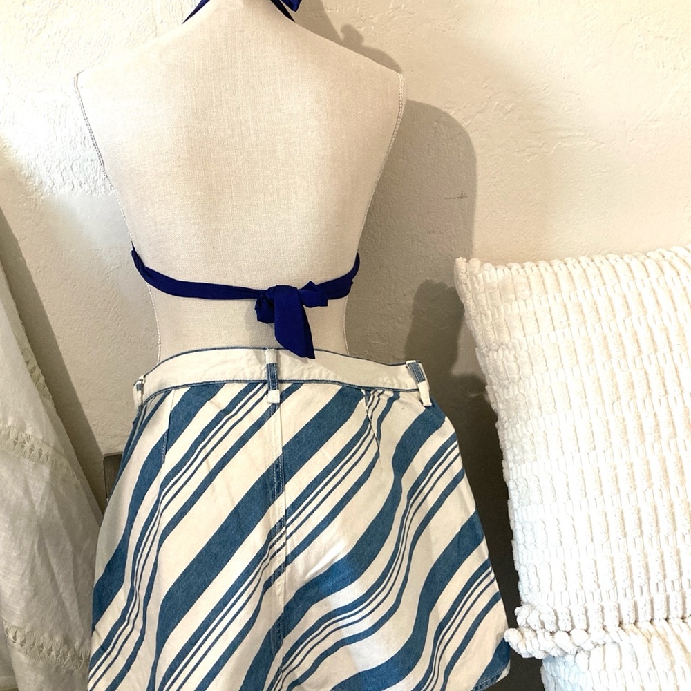 Blue and White Diagonal Stripe Cotton Skirt with Bikini Top